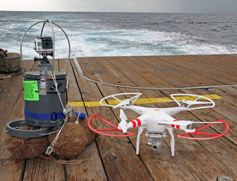 The GoPro camera (in this shot mounted on one of the Florida State University ‘Revolution’ fish surveyors), and the drone camera provide unique perspectives on our explorations of Pulley Ridge.