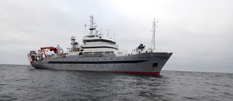 A view of the Johan Hjort anchored in calm waters. This image was taken from the ship’s tender, as the scientific crew made an opportunistic detour to Bear Island.