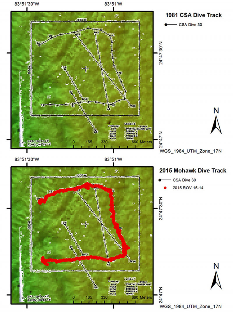 The planned track for today’s remotely operated vehicle (ROV) dive was to repeat as closely as possible a transect made by Continental Shelf Associates in 1981. Due to great teamwork by our ROV pilot Lance Horne and Ship Captain Shawn Lake, we were successful. Today’s track shown at the bottom closely matches the previous track at top