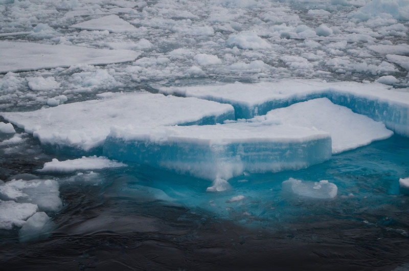 The thickness of the ice is apparent as the Healy continues to try to plow through the large floe.