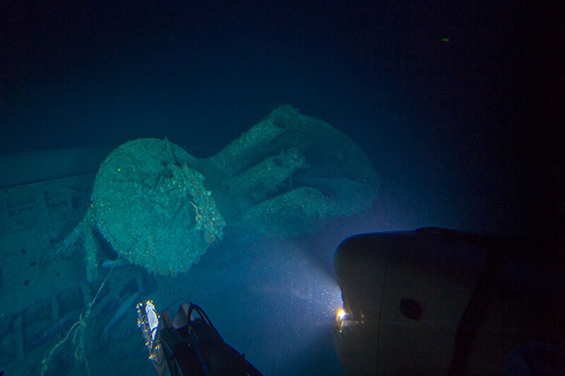 The aft section of the U-576's conning tower, also known as the wintergarten, which served as a platform for the 20mm anti-aircraft flak gun. Image courtesy of Joe Hoyt, NOAA - Battle of the Atlantic expedition.