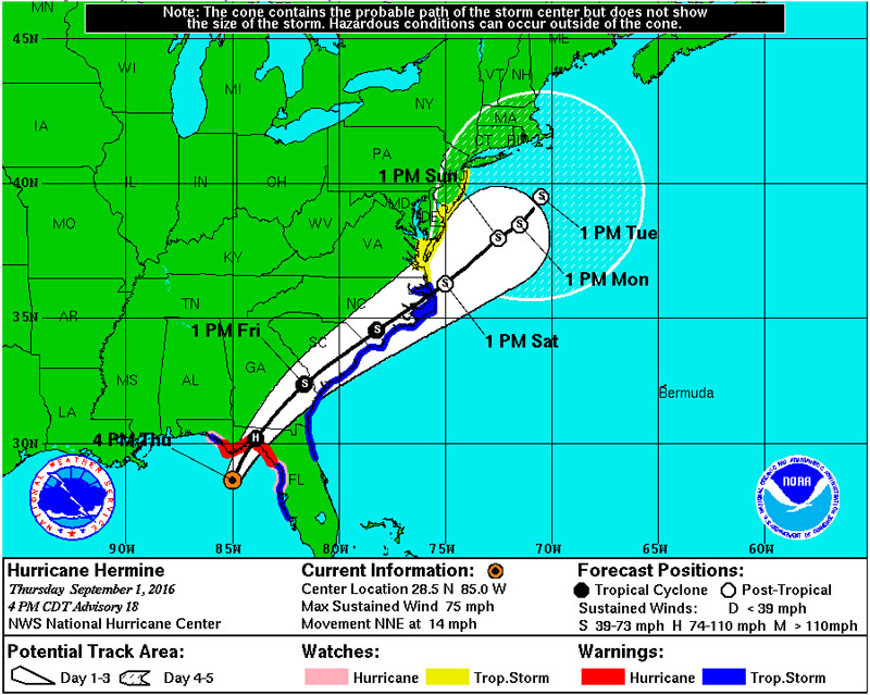 Projected track of Hurricane Hermine on Thursday, September 1.