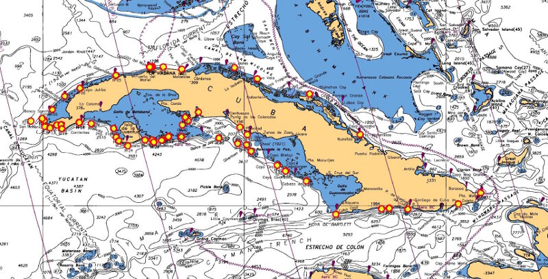 Figure 4. Map of Cuba with proposed ROV dive sites on shelf-edge mesophotic reefs, deep shelf-slope, and seamounts (depths 30-200 m).