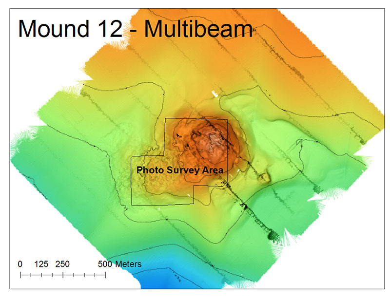 AUV Sentry first collects multibeam data to map the bathymetry of the seafloor, which helps scientists find features of interest such as the large mound seen here.