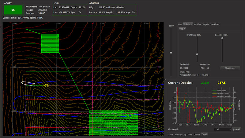 This navigation display shows almost all of the information Sentry engineers need to know that the vehicle is completing its survey properly. The green line shows the programmed track for the survey—here, long, continuous paths mean Sentry was collecting mapping data while the snake-like box path lines mean the Sentry was taking photos. Completed tracks are shown in red. The Sentry, represented in yellow, can be seen midway through its mapping survey, with the ship, in white, just ahead of it.