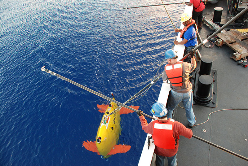 Members of the Sentry engineering team and the Pisces deck crew work together to hook the crane line to the Sentry and begin lifting the vehicle back onto the deck.