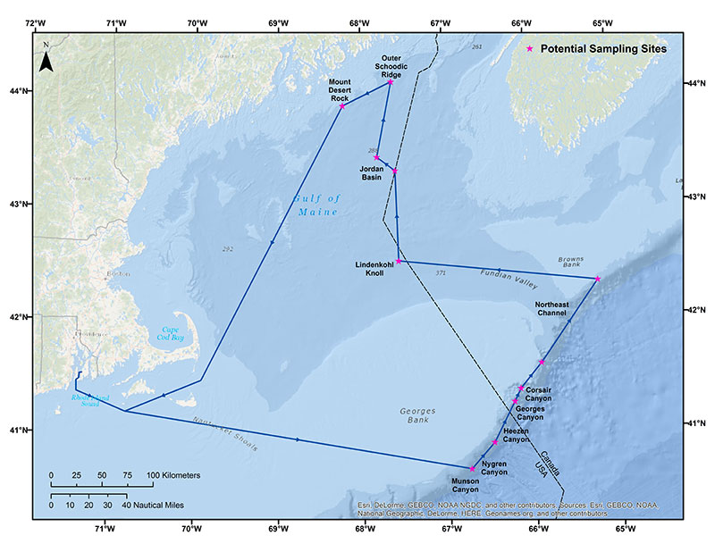 This map displays the operating area of the Northern Neighbors: Transboundary Exploration of Deepwater Communities expedition.