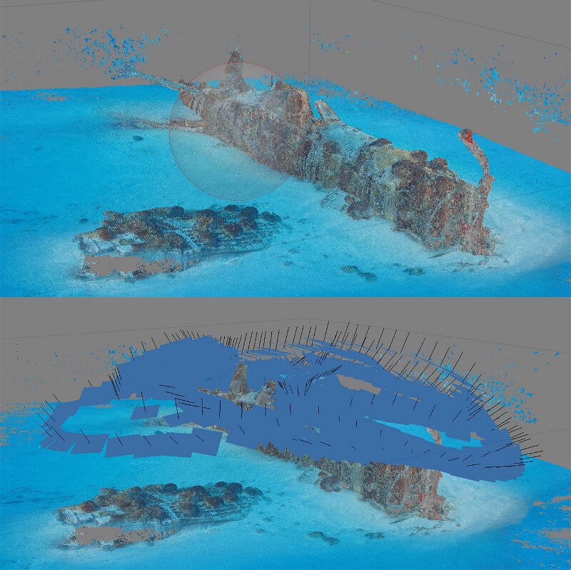 Model of a Corsair from a 45 degree angle, compared with model showing camera locations.