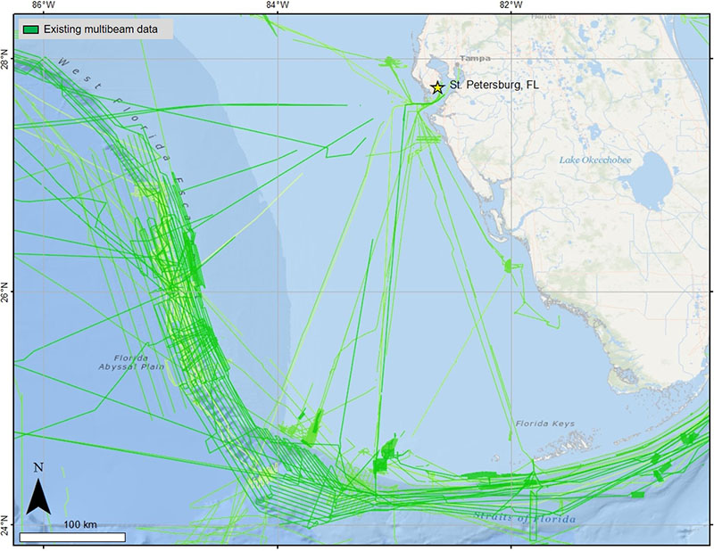 Map of the shelf and slope off the west coast of Florida showing areas that have previously been mapped using multibeam echosounders (in green). Much of the area has yet to be mapped and will be mapped for the first time during the present expedition aboard NOAA Ship Nancy Foster.