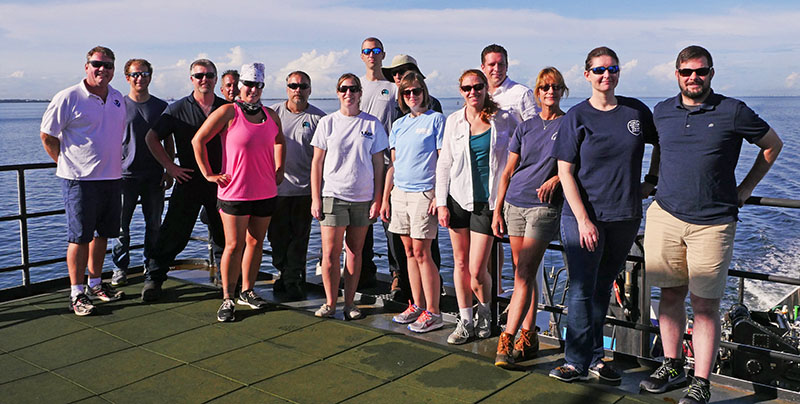 Team photo for the expedition, from left to right – Peter Etnoyer, Daniel Wagner, Jesse Doren, Paul Sanacore, Tracy Sorgenfrei, Kris Ingram, Stacey Harter, Jonathan Gallant, Erik Hodges, Katharine Coykendall, Heather Coleman, John Gray, Sandra Brooke, Morgan Kilgour, and Matt Poti.