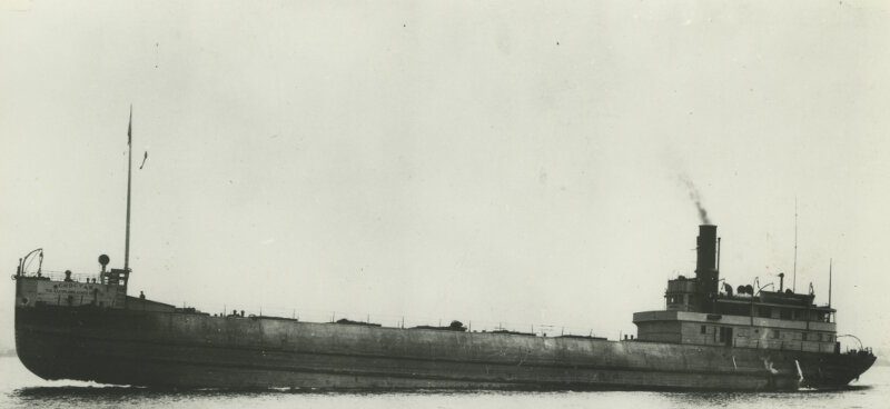 Another port-side view of Choctaw traveling light with much of its hull out of the water. Here, several features observed during the ROV missions in August, 2017, were corroborated. These include the stern cabin layout, locations of windows and doors, locations of bits, capstans, and davit arms, the location of the funnel and funnel cape, and the hatches moving forward of the stern cabin.