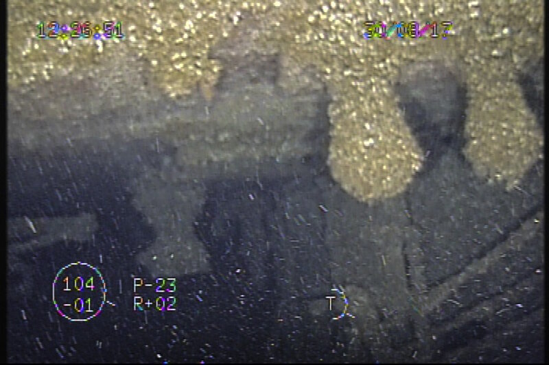 A view of Choctaw’s stern deck from underneath the upturned portion of its hull. This was a perspective that the sonar systems, limited by shadows, could not image. Features within this area match those of Choctaw’s deck and layout plans.