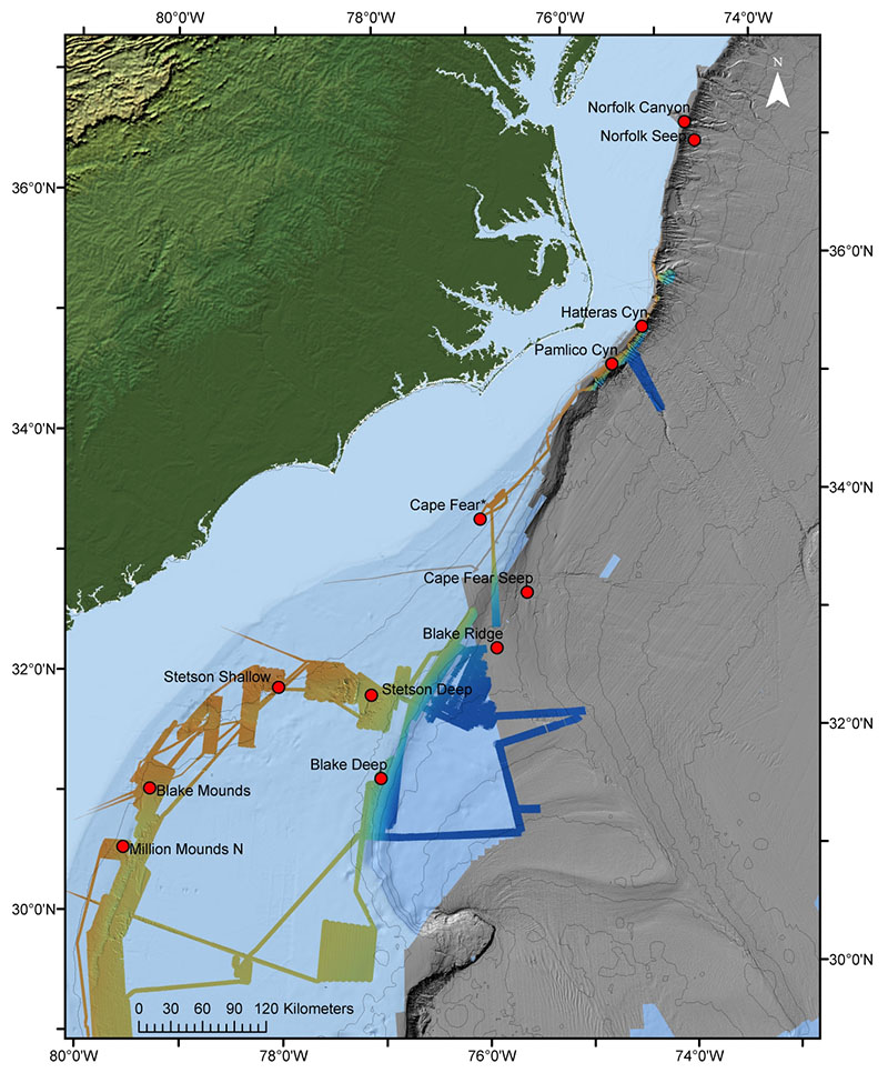 From August 19 to September 2, the DEEP SEARCH team has planned for 12 Alvin dives, indicated by red dots, in the study area. Bathymetry data collected by Okeanos Explorer on the Windows to the Deep 2018 expedition, along with some earlier Okeanos Explorer and NOAA hydrographic data, is shown in color. Other existing bathymetry data is shown in gray-scale.