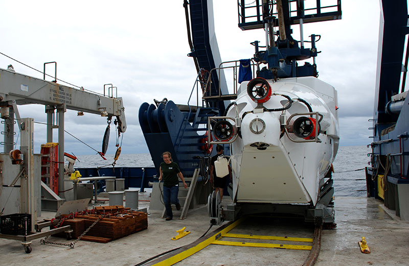 Amanda Demopoulos descends from the submersible after the first dive.