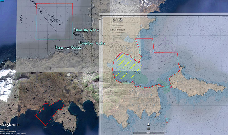 Google Earth image of Kiska Island with historical overlay of the USS Abner Read action report (Commanding Officer USS Abner Read 1943), NOAA nautical chart 16442, and four proposed survey areas in red.