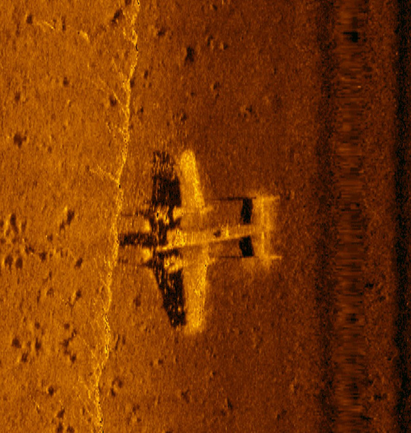 High resolution sidescan sonar image of a WWII B-25 discovered by members of Project Recover in 2017 in Papua New Guinea.