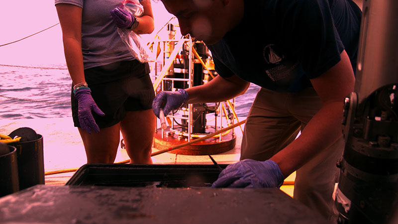 View from the ROV of Chief Scientist Dr. Santiago Herrera recovering coral samples for genetic analyses from the ROV bioboxes after a successful dive.