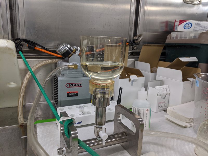 Water filtering setup aboard the NOAA Ship Reuben Lasker.