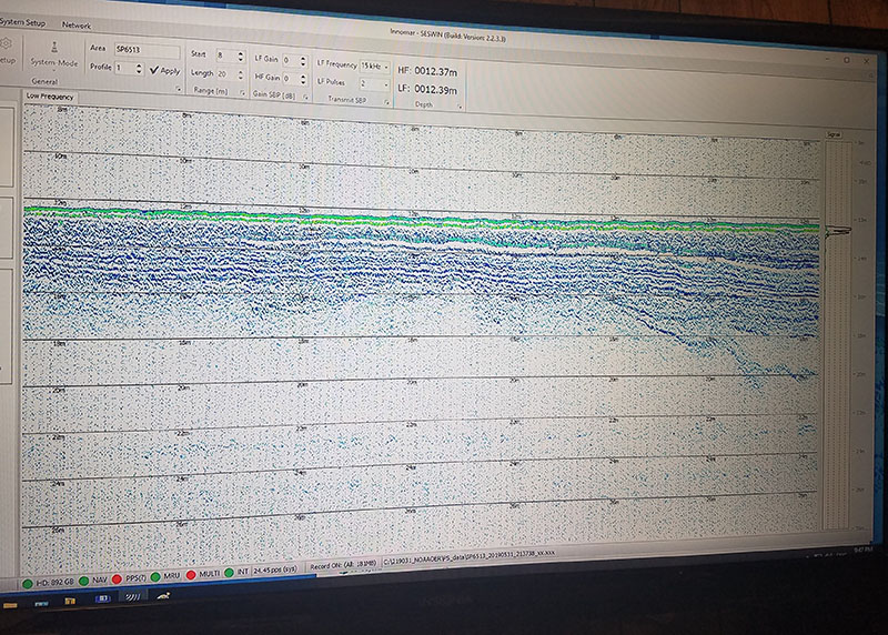 Watching the parametric sonar data in real-time as the vessel crosses over a valley, which is just becoming visible at right.