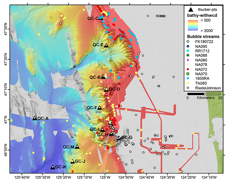 Map of the two canyons which we will explore on this expedition.  Each dot is an area where a plume of methane is being released from the seafloor.  The triangles are potential dive sites that we will visit on this expedition.