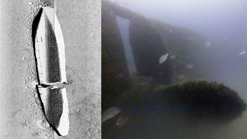 A shipwreck in 80 feet of water in the northwestern Gulf of Mexico was imaged using side-scan sonar (left); photographs taken by divers of the same wreck were obscured by lack of light and sediment in the water column (right).