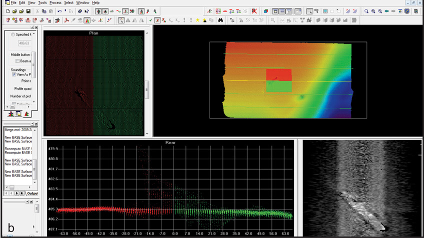 The Eagle Ray (a) and an example of data (b). The bathymetric data can be seen in multiple fashions such as: cloud points from different views (upper and lower left panels); a color-coded surface (upper right); and backscatter imagery (lower right). The example refers to a shipwreck found by Eagle Ray during an exploratory mission at Viosca Knoll 821. Image courtesy of Software Caris Hips and Sips.