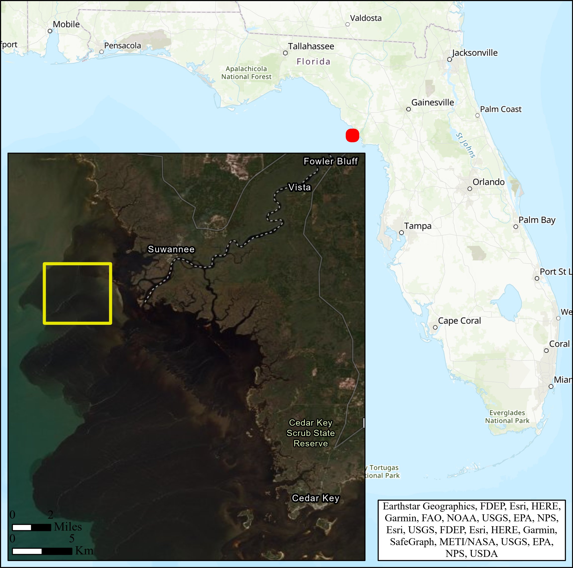 Map showing the location of the Paleo-Suwannee River channel and tidal creeks that will be explored during the Marine Archaeological Investigation and Habitat Mapping of the Paleo-Suwannee River expedition, relative to Florida.