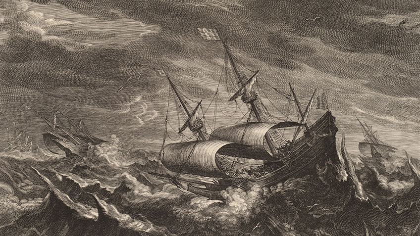 Seventeenth century vessels caught in a tempest.