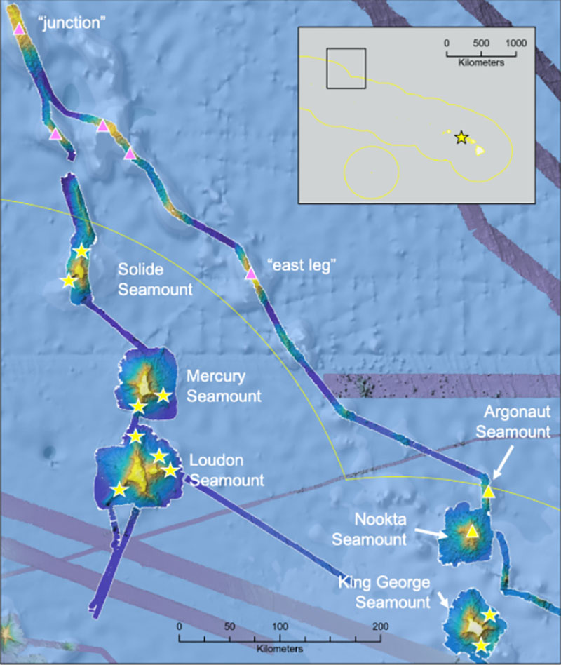 Overview of the planned sites for the Luʻuaeaahikiikekumu - Ancient Seamounts of Liliʻuokalani Ridge expedition (NA138) within and outside the boundary of the Papahānaumokuākea Marine National Monument (PMNM) (indicated by the yellow line) , showing the high-resolution bathymetry data collected during a 2021 expedition (NA133) . Yellow stars indicate potential dive sites on guyot features within the monument; yellow triangles indicate conical-type seamounts within the monument, and pink triangles indicate conical-type seamounts outside of the PMNM boundary that are of high interest for understanding the origin of the two “forks” of the Liliʻuokalani Ridge. Map courtesy of Ocean Exploration Trust.