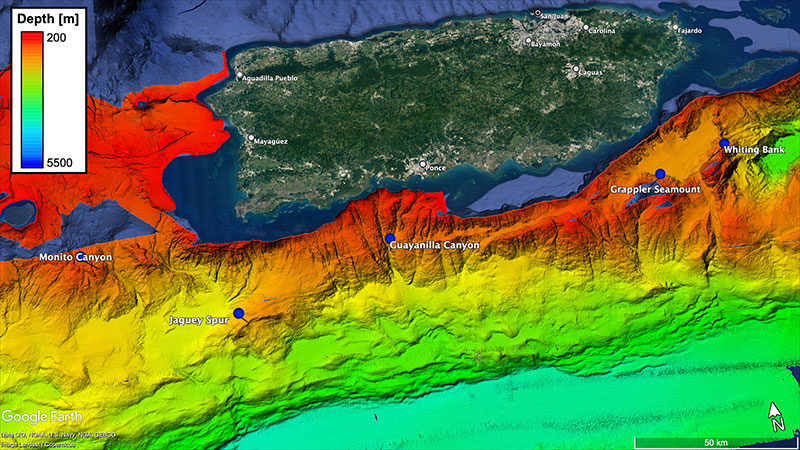 Map of the exploration area along the southern coast of Puerto Rico in the Caribbean Sea with a few target locations. Bathymetry courtesy of USGS. 