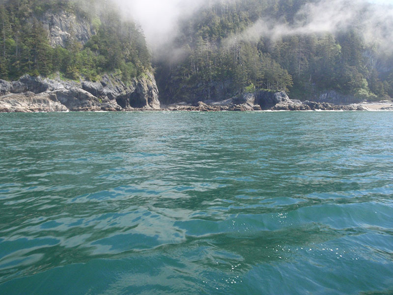 Foggy morning in Veta Bay on the northwest side of Baker Island with shore caves visible.