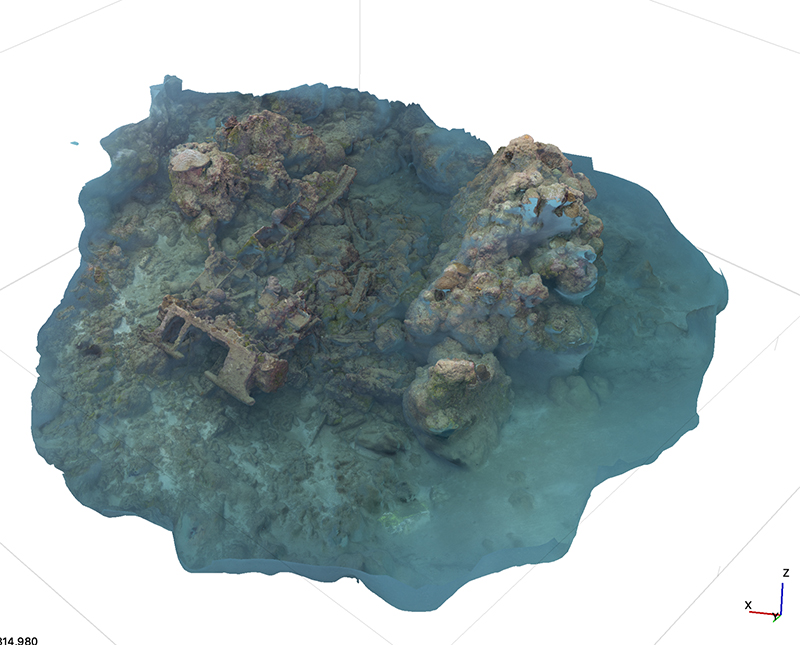 Orthomosaic of a submerged Amtrac (amphibious tractor) off Asan Beach. The research team learned about this site through the oral history interviews and subsequently documented it.