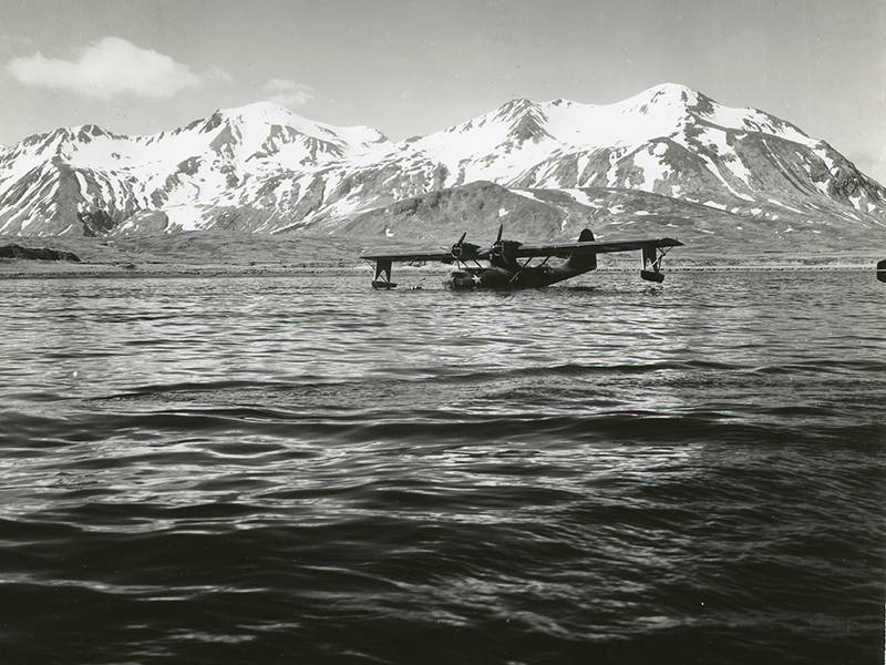 PBY Catalina from Fleet Air Wing 4 at mooring in Massacre Bay, Attu (1943).