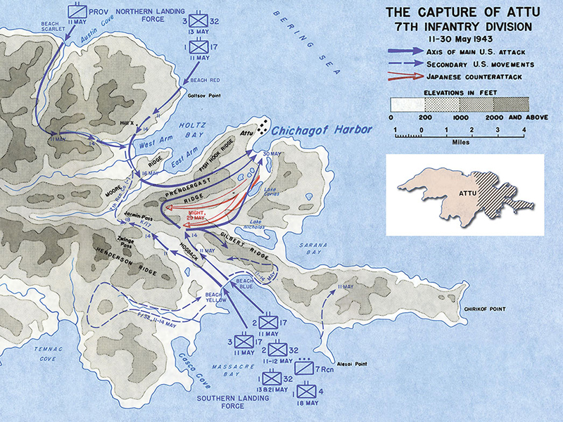 A map showing troop movement during the Battle of Attu.