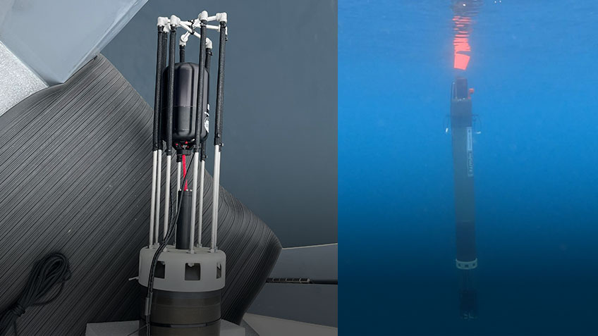 The Seatrec infiniTE™ float with directional acoustic sensor after deployment during the project’s year one fieldwork. The lower portion of the float with directional sensor, prior to deployment.