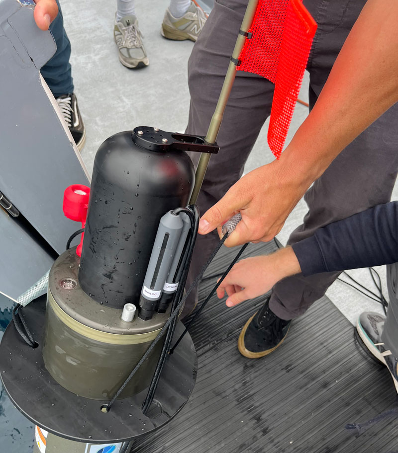 The upper portion of the float, which consists of a buoyancy bladder (black), CTD (conductivity, temperature, depth instrument, in red), sensor connectors (gray), and satellite telemetry antenna (with flag).