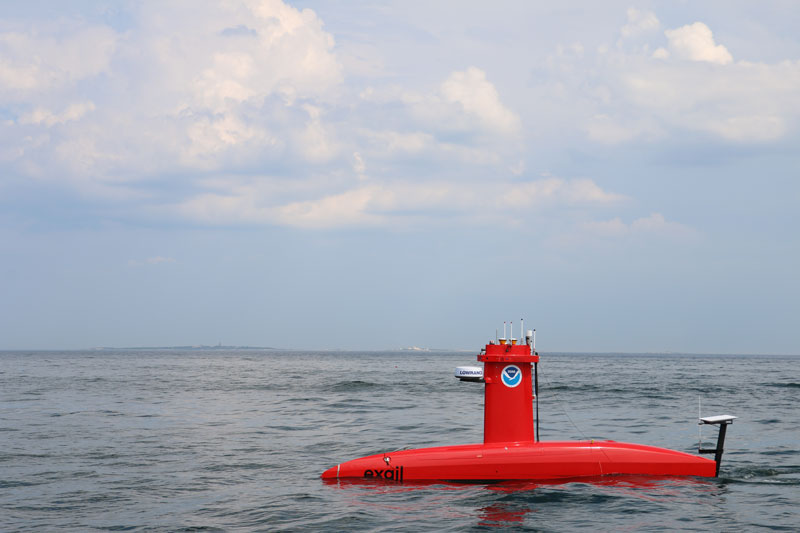 A DriX uncrewed surface vehicle surveys at sea.