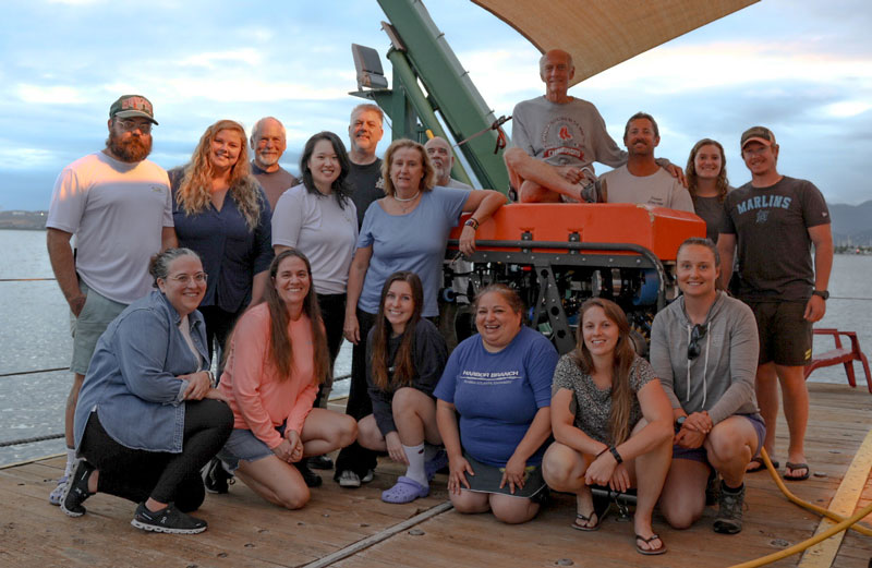 The whole shipboard team from Exploration of Deepwater Habitats off Puerto Rico and the U.S. Virgin Islands for Biotechnology Potential, including the science crew, ship crew, and remotely operated vehicle crew.