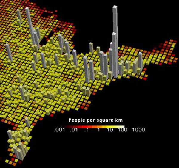 map of population density of Eastern seaboard of united states