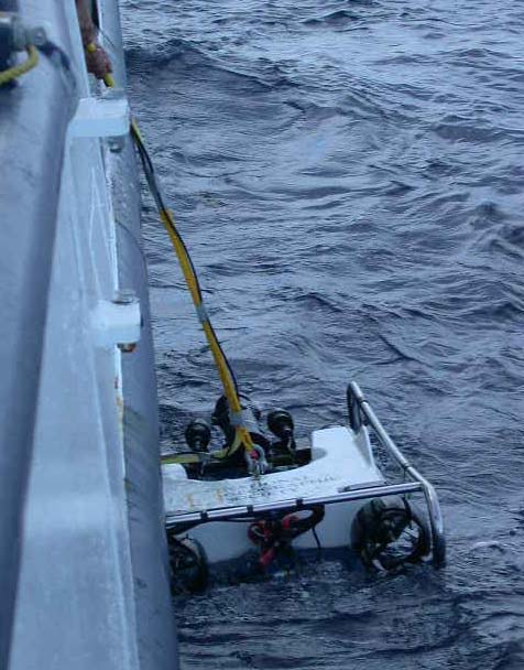 Recovering the Phantom S2 ROV alongside the Seward Johnson II on Florida's Oculina Bank.