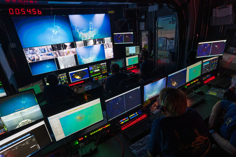 The multi-institution science and operations team direct remotely operated vehicle Hercules from the Exploration Vessel Nautilus control room.