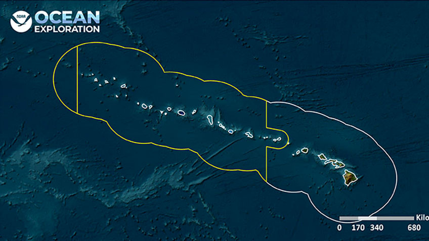 A map showing Hawai‘i and seafloor mapping data with NOAA Ocean Exploration logo overlaying the image.