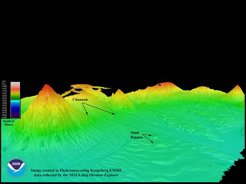 The EM302 gives us a high-resolution “birds eye” view of large areas. What we see underwater is similar to what we see around us every day. In this image, a panorama of mountains and volcanoes sits majestically near a massive river delta surrounded by a soft sand beach. Since what we see here is actually underwater, there are of course no rivers, river deltas, or mountains and sand bars, but seeing these features makes you wonder how an area like this was formed.