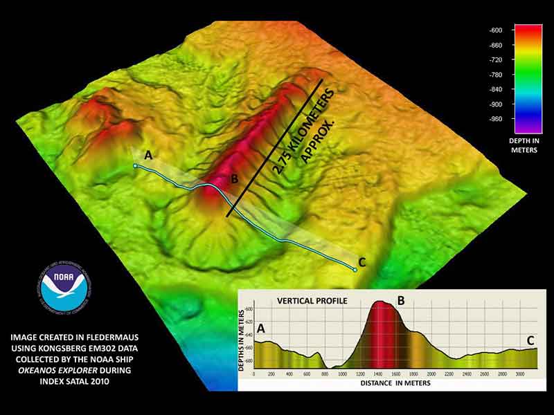 An isolated ridge rimmed by a deeper channel is shown in this bathymetric image.