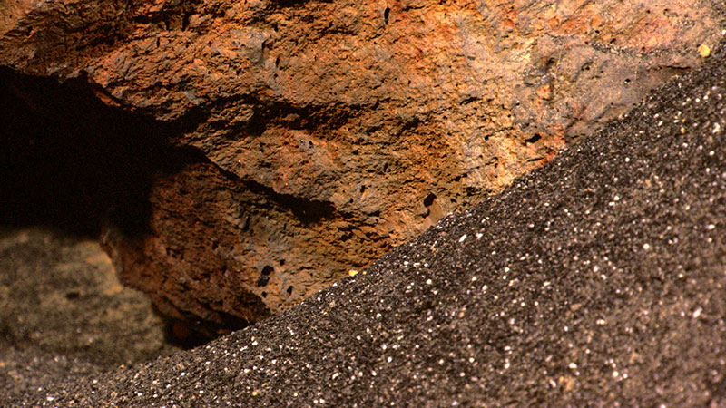 Many of the rocks we see exposed on the western slope of Kawio Barat are highly vesicular, i.e. they are full of holes left by gas bubbles present in the lava as it froze during eruption. The lavas here must have been exceptionally gas-rich to produce so many gas bubbles at a depth of nearly 2000 meters.