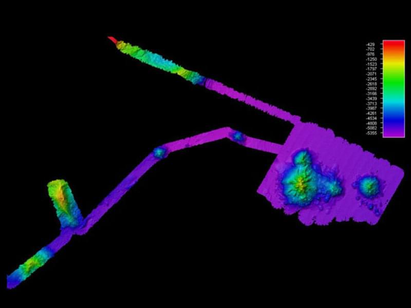 Image showing multibeam bathymetry collected offshore Hawaii’s Big Island during the NOAA Ship <em>Okeanos Explorer</em>’s 2009 field season. The long skinny lines represent “sticks” in <em>Okeanos’</em> exploration model, whereas the larger areas represent “boxes.” Image created using Fledermaus version 7 using cruise EX0909 data.