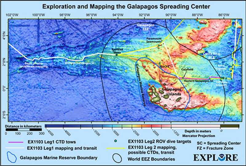 During the approximately 50-day expedition, scientists and technicians will focus on little known areas in international and Ecuador waters in the vicinity of the Galápagos Islands. This map shows the preliminary ship track and major exploration targets along the way. Given the Team’s desire to respond to information collected during the expedition, there is a strong chance the final ship track will look significantly different.