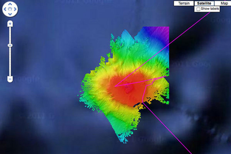 Okeanos Explorer digital atlas frame grab showing the ship’s track over the seamount.  The science team sought to cling to the edges, where they anticipated coral concentration to be highest.