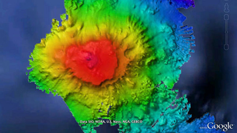 EM302 multibeam sonar data overlaid in Google Earth, showing the particular seamount in the Paramount chain where the dive was conducted.