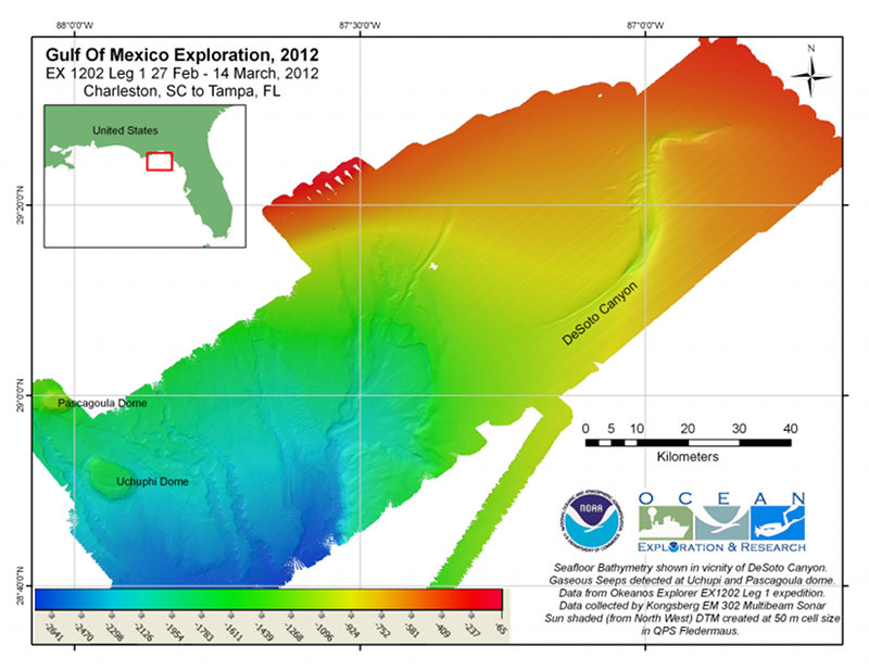 Bathymetic map of DeSoto Canyon generated at 50 meter grid cell size resolution based on preliminary data processing onboard during the expedition.